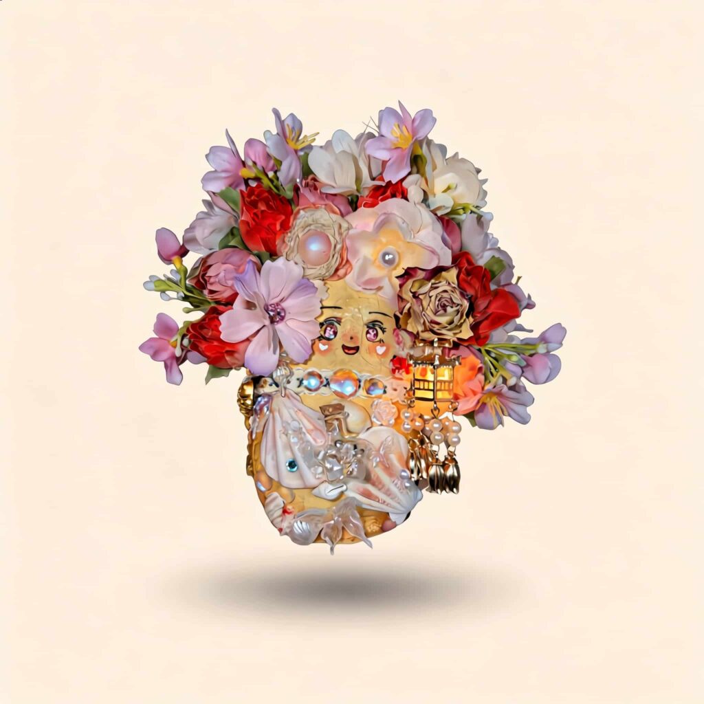 Front view of handmade floral pod doll with oversized flower crown, pearl accents, and lantern charm
