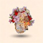 Front view of handmade floral pod doll with oversized flower crown, pearl accents, and lantern charm