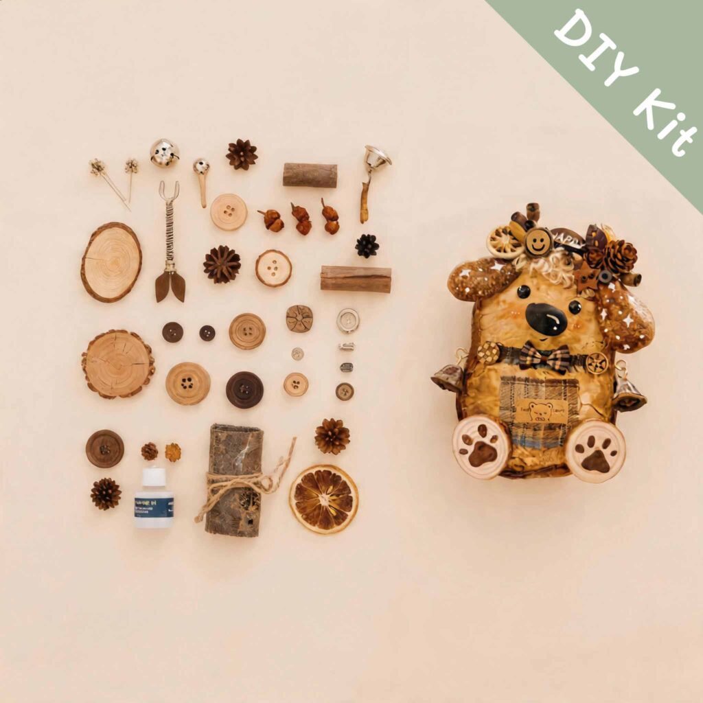 DIY kit materials for Handmade Woodland Puppy Decor arranged beside the finished design on a neutral background
