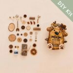 DIY kit materials for Handmade Woodland Puppy Decor arranged beside the finished design on a neutral background