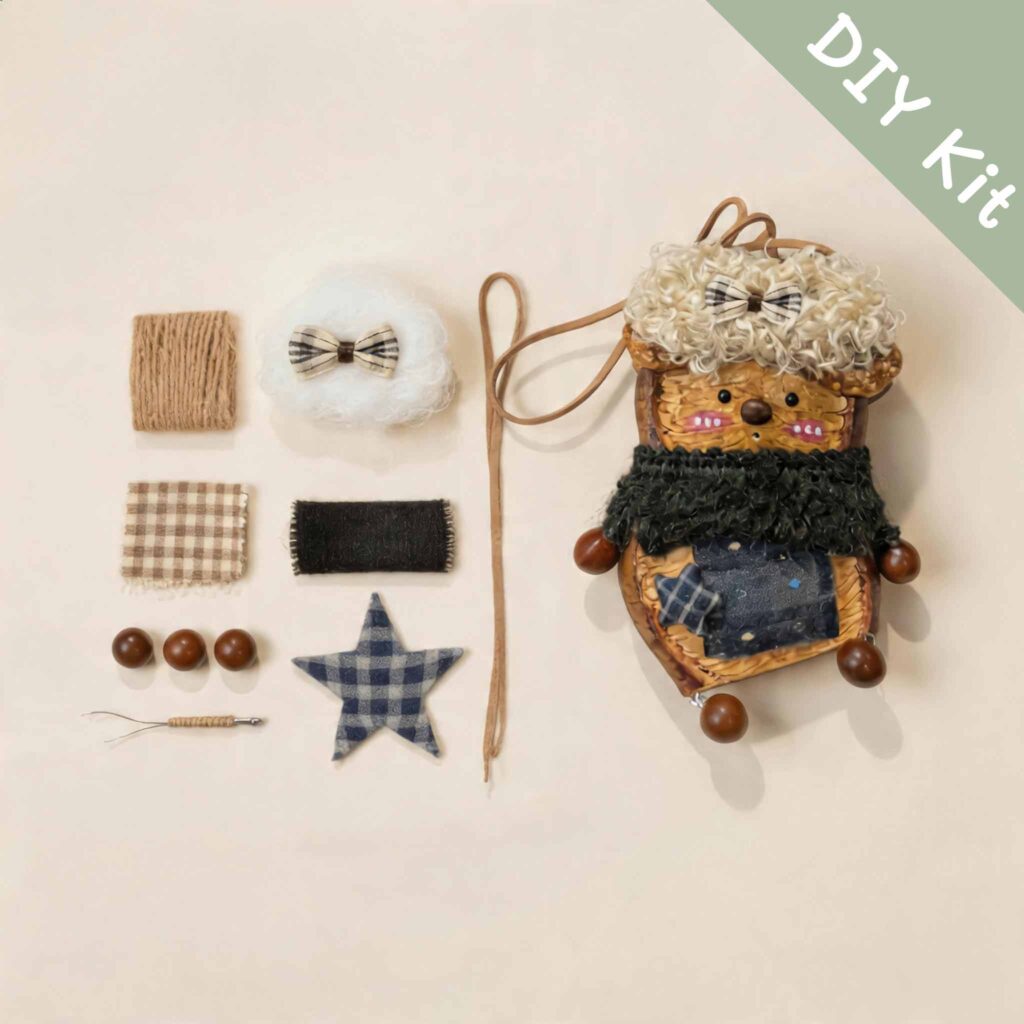 DIY kit materials for Pod Doll Midnight Scarf Poodle arranged beside the finished design on a neutral background