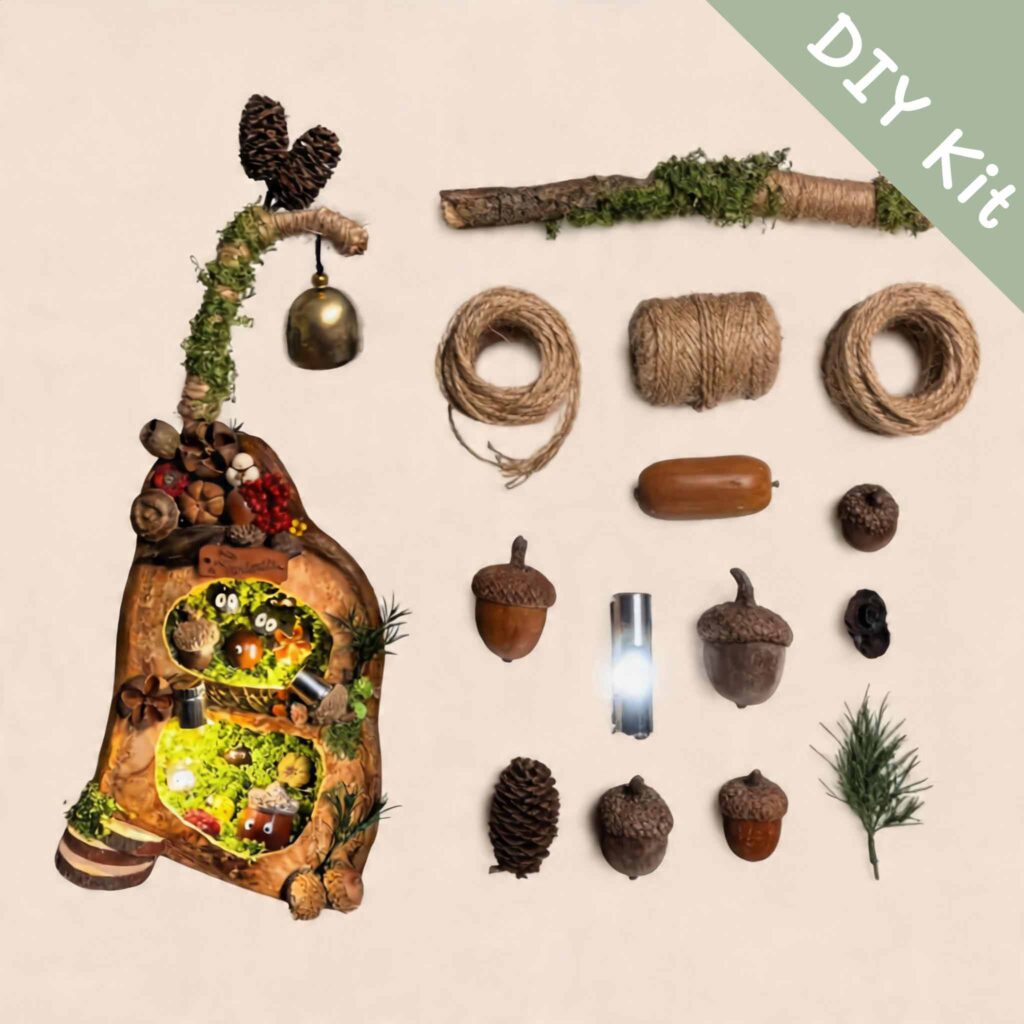 DIY kit materials for Bell Pod House Acorn Hollow Nook arranged beside the finished design on a neutral background