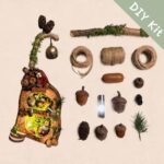DIY kit materials for Bell Pod House Acorn Hollow Nook arranged beside the finished design on a neutral background