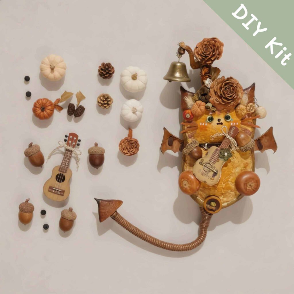 DIY kit materials for Bat-Wing Pod Doll Woodland Cat Bard arranged beside the finished design on a neutral background