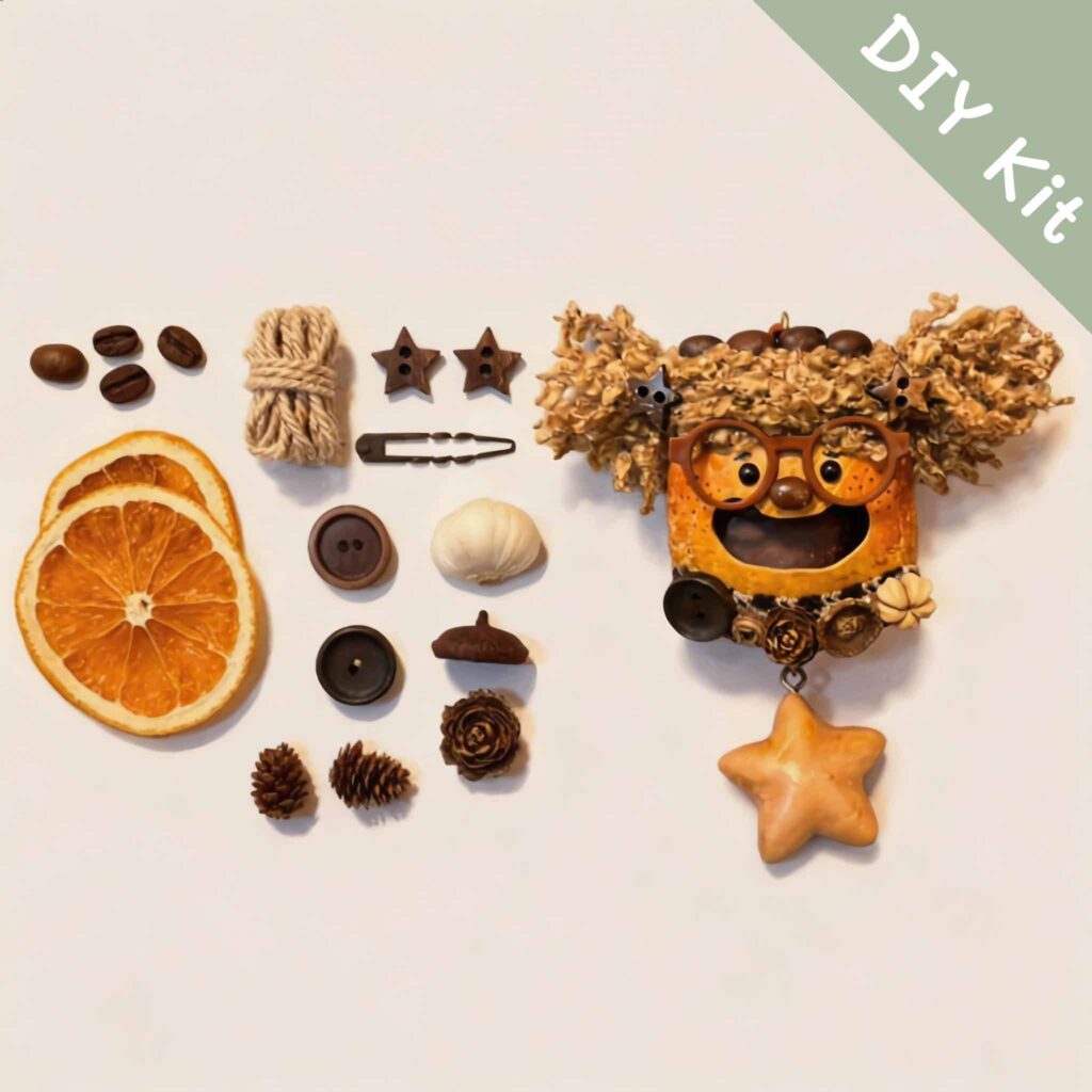 DIY kit materials for Open-Mouth Pod Doll Starry Pigtail Girl arranged beside the finished design on a neutral background