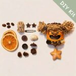 DIY kit materials for Open-Mouth Pod Doll Starry Pigtail Girl arranged beside the finished design on a neutral background