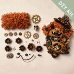 DIY kit materials for Open-Mouth Pod Doll Steampunk Skull Bloom arranged beside the finished design on a neutral background