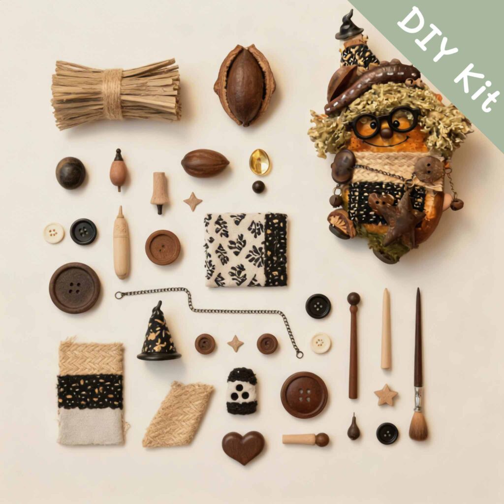 DIY kit materials for Pod Doll Mossy Star Scholar arranged beside the finished design on a neutral background
