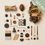 DIY kit materials for Pod Doll Mossy Star Scholar arranged beside the finished design on a neutral background