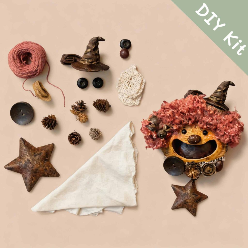 DIY kit materials for Open-Mouth Pod Doll Pink Star Witch arranged beside the finished design on a neutral background