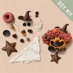DIY kit materials for Open-Mouth Pod Doll Pink Star Witch arranged beside the finished design on a neutral background