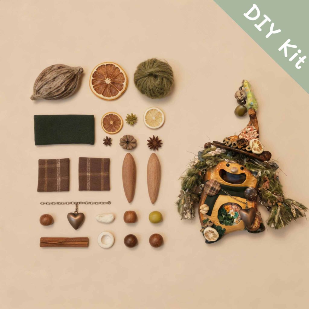 DIY kit materials for Open-Mouth Pod Doll Moss Heart Witch arranged beside the finished design on a neutral background