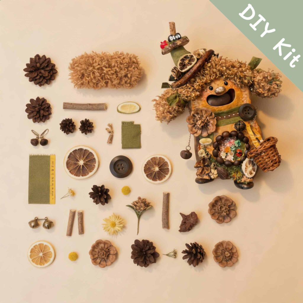 DIY kit materials for Open-Mouth Pod Doll Basket Witch Forager arranged beside the finished design on a neutral background