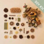 DIY kit materials for Open-Mouth Pod Doll Basket Witch Forager arranged beside the finished design on a neutral background