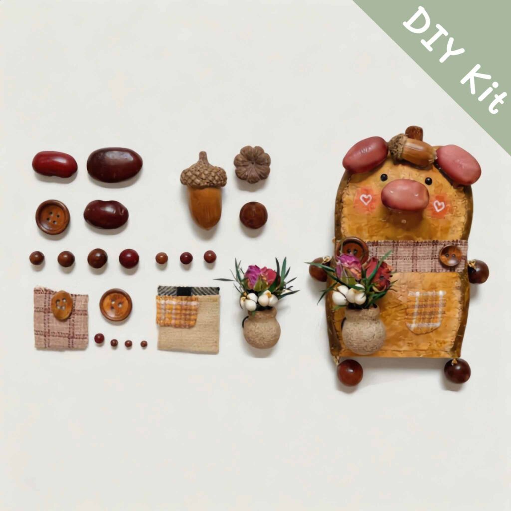 DIY kit materials for Double-Sided Pig Pod Doll Bloom Vase Edition arranged beside the finished design on a neutral background