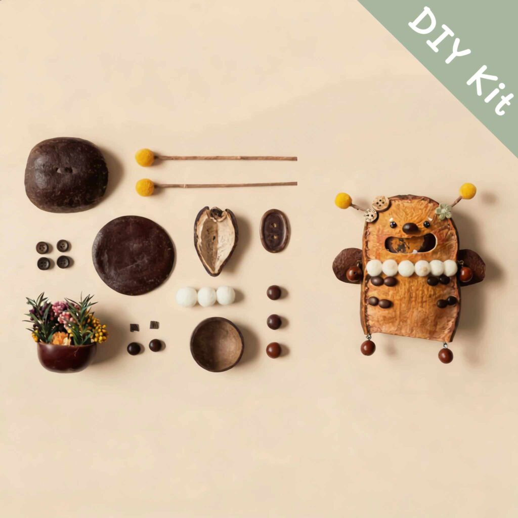 DIY kit materials for Open-Mouth Pod Doll Sunny Bloom Bug arranged beside the finished design on a neutral background