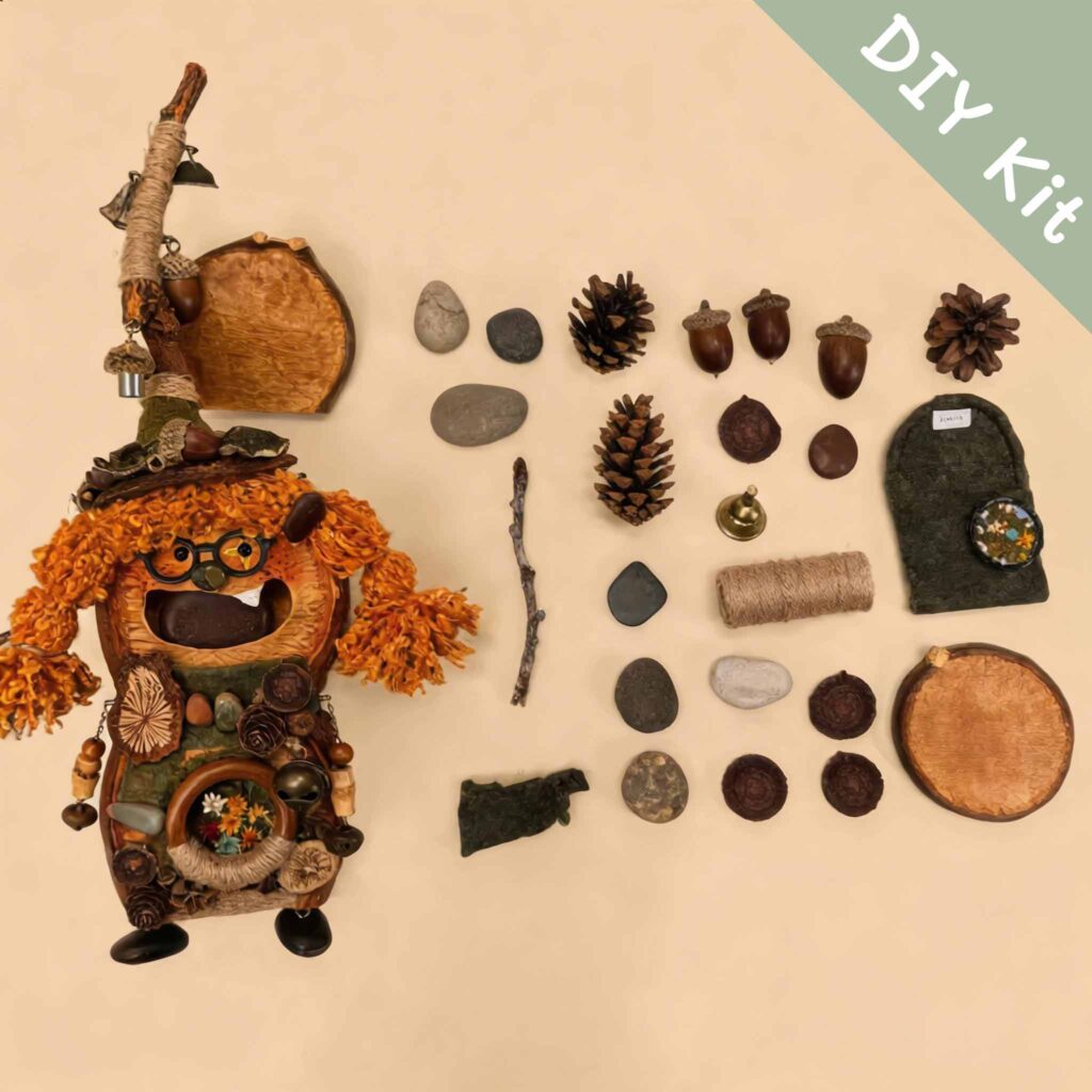 DIY kit materials for Double-Sided Pod Doll Woodland Witch Twin arranged beside the finished design on a neutral background