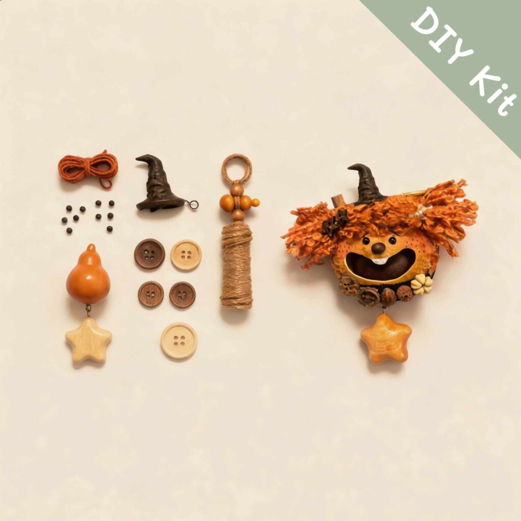 DIY kit materials for Open-Mouth Pod Doll Ember Star Pixie arranged beside the finished design on a neutral background