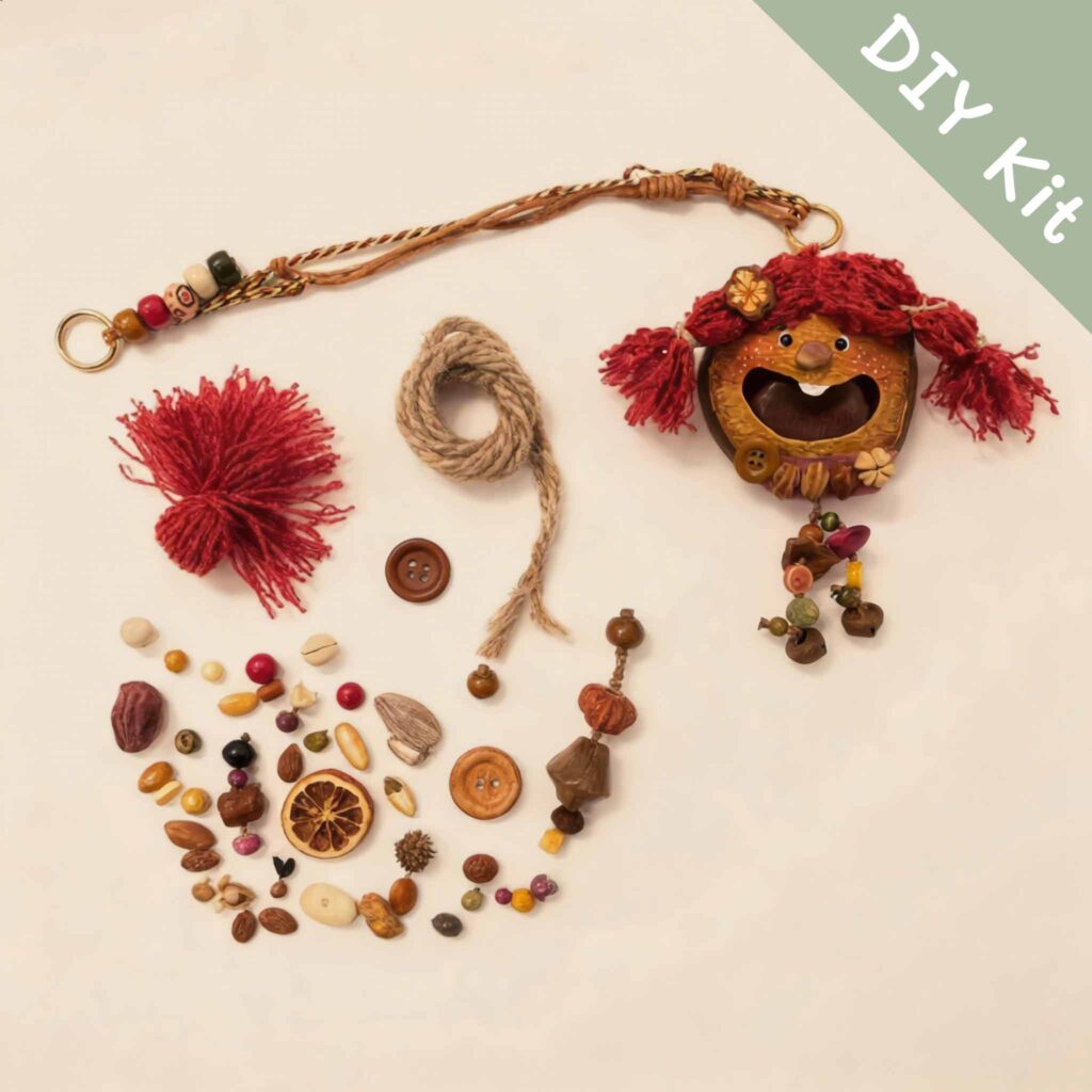 DIY kit materials for Open-Mouth Pod Doll Berry Tassel Sprite arranged beside the finished design on a neutral background