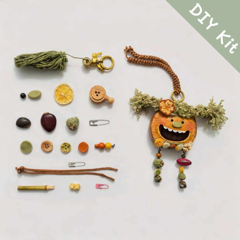 DIY kit materials for Open-Mouth Pod Doll Mossy Tassel Gremlin arranged on a neutral background beside the finished design