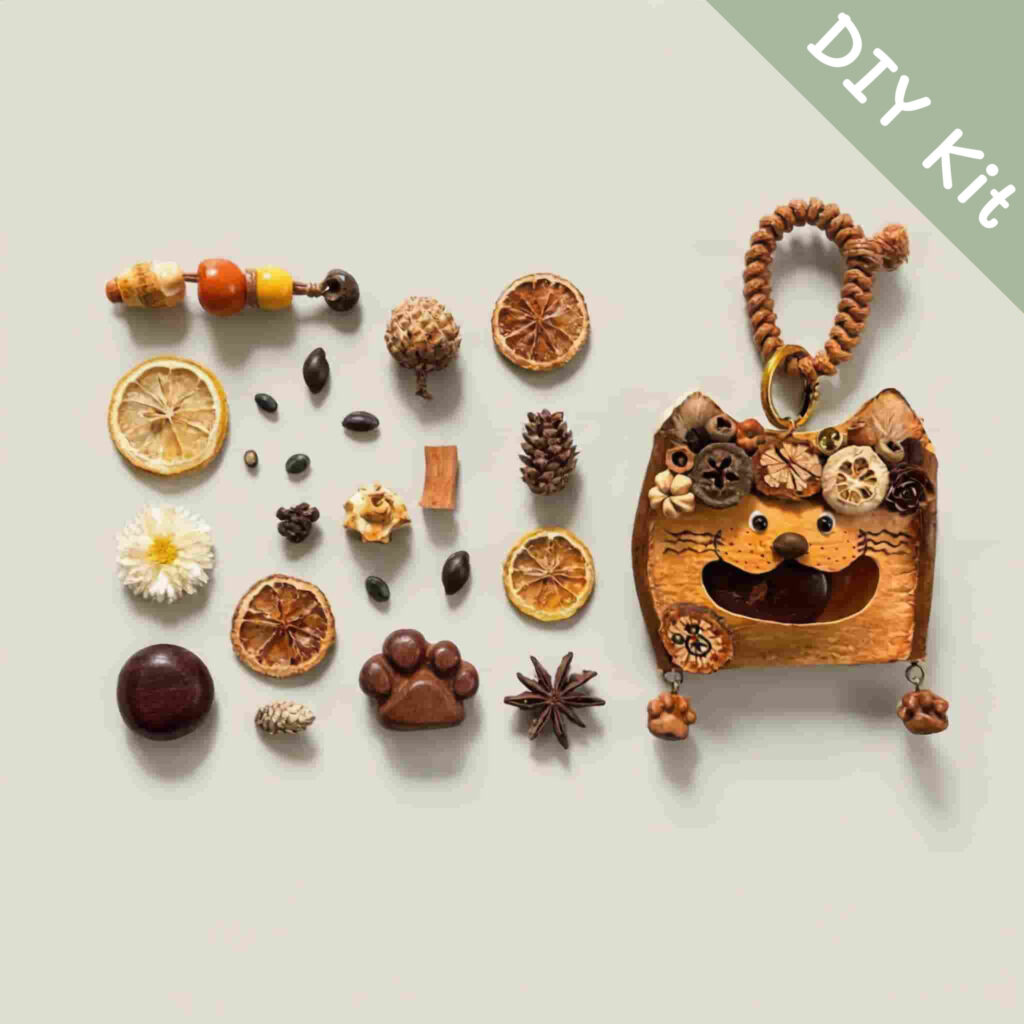 DIY kit materials for Open-Mouth Pod Doll Pumpkin Whisker Kitty arranged on a neutral background beside the finished design