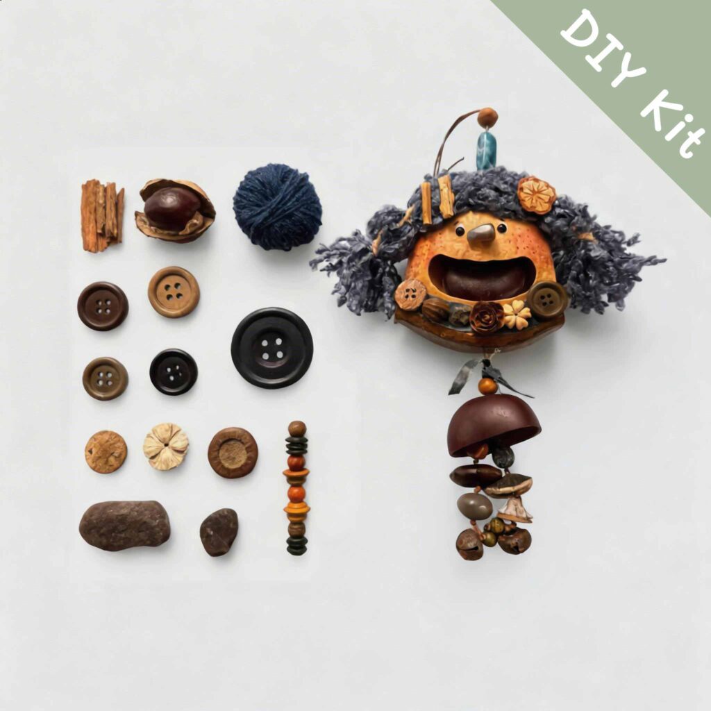 DIY kit materials for Open-Mouth Pod Doll Charm Midnight Chime arranged on a neutral background beside the finished design
