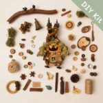 DIY kit materials for Double-Sided Pod Doll Mossy Witch Cottage Twin arranged beside the finished design on a neutral background