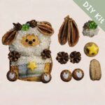 Clover Star Lamb pod doll DIY kit with seed pod ears, fluffy white curls, plaid fabric, yellow star detail, and natural accessories