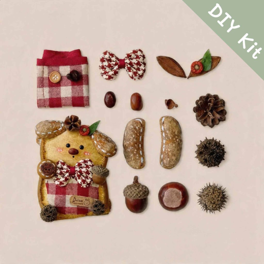 Red Plaid Acorn Puppy pod doll DIY kit with plaid pocket fabric, bow tie, seed pod ears, acorn detail, and natural accessories