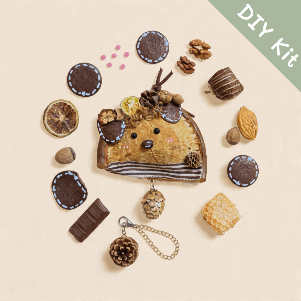 Citrus Walnut Mouse Pod Doll DIY Kit flat lay with handmade sample and materials