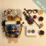 Cozy Violin Duck pod doll DIY kit with miniature violin, glasses, fabric pieces, buttons, and handmade accessories on a beige background