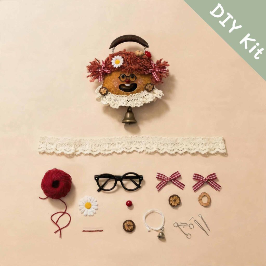 Flat lay of a DIY kit featuring a bell-style pod doll base, lace trim, glasses, red yarn hair, gingham bows, and hanging hardware