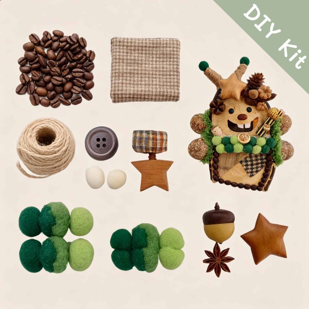 Flat lay of a DIY kit featuring a reindeer-themed open-mouth pod doll base, coffee bean accents, green pom details, and rustic woodland accessories