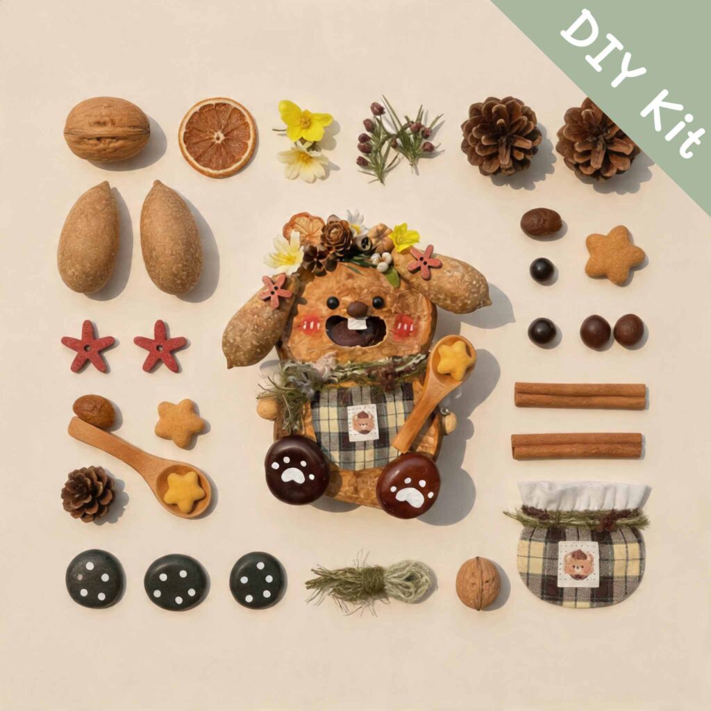 Flat lay of a DIY kit for a handmade open-mouth bunny baker pod doll with natural materials and miniature baking accessories