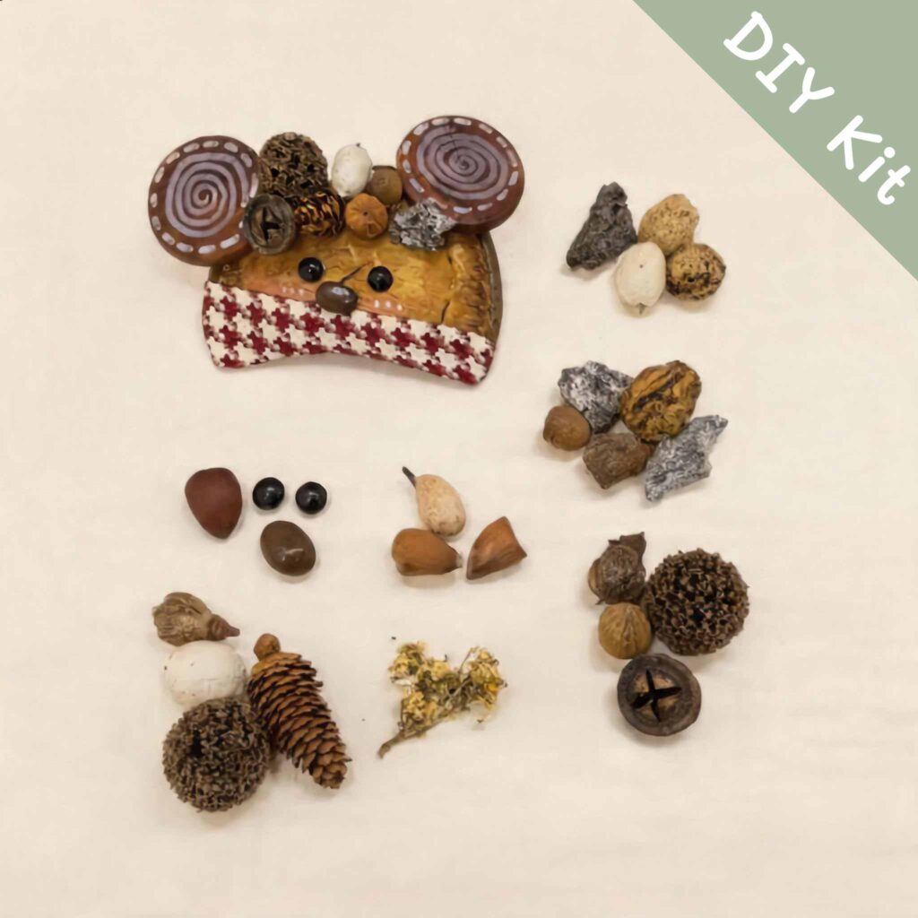 DIY kit for Cinnamon Whisker Mouse pod doll with natural seed materials and decorative components