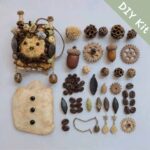DIY kit flat lay for Coffee Grove Sprite pod doll with finished sample, blank body piece, coffee beans, acorns, wooden gears, seed pods, and decorative metal charms.