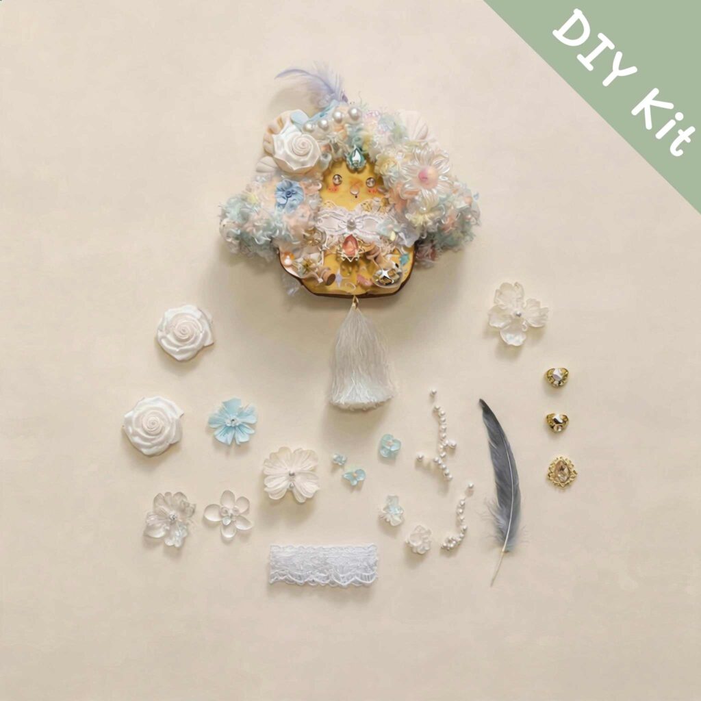 Floral pod doll DIY kit flat lay with white flowers, pearls, lace trim, feather, and pastel decorative parts
