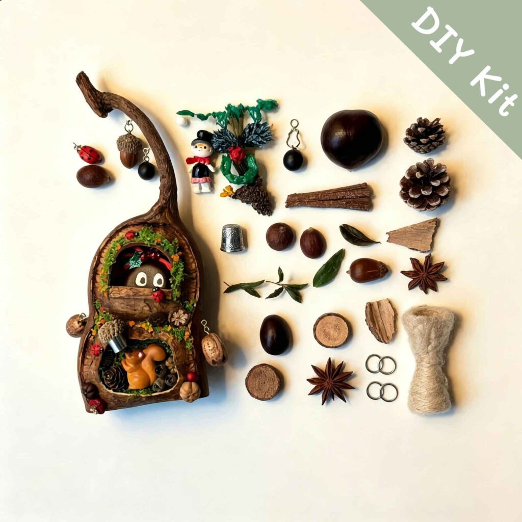 Flat lay of a DIY kit for a handmade woodland pod house ornament with squirrel, acorns, and forest-themed materials
