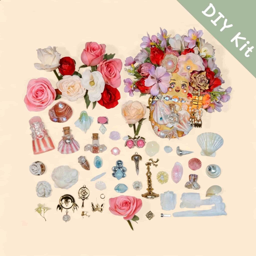 DIY kit for floral pod doll with flowers, charms, beads, pearls, shells, and decorative accessories laid flat