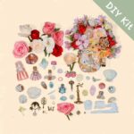 DIY kit for floral pod doll with flowers, charms, beads, pearls, shells, and decorative accessories laid flat