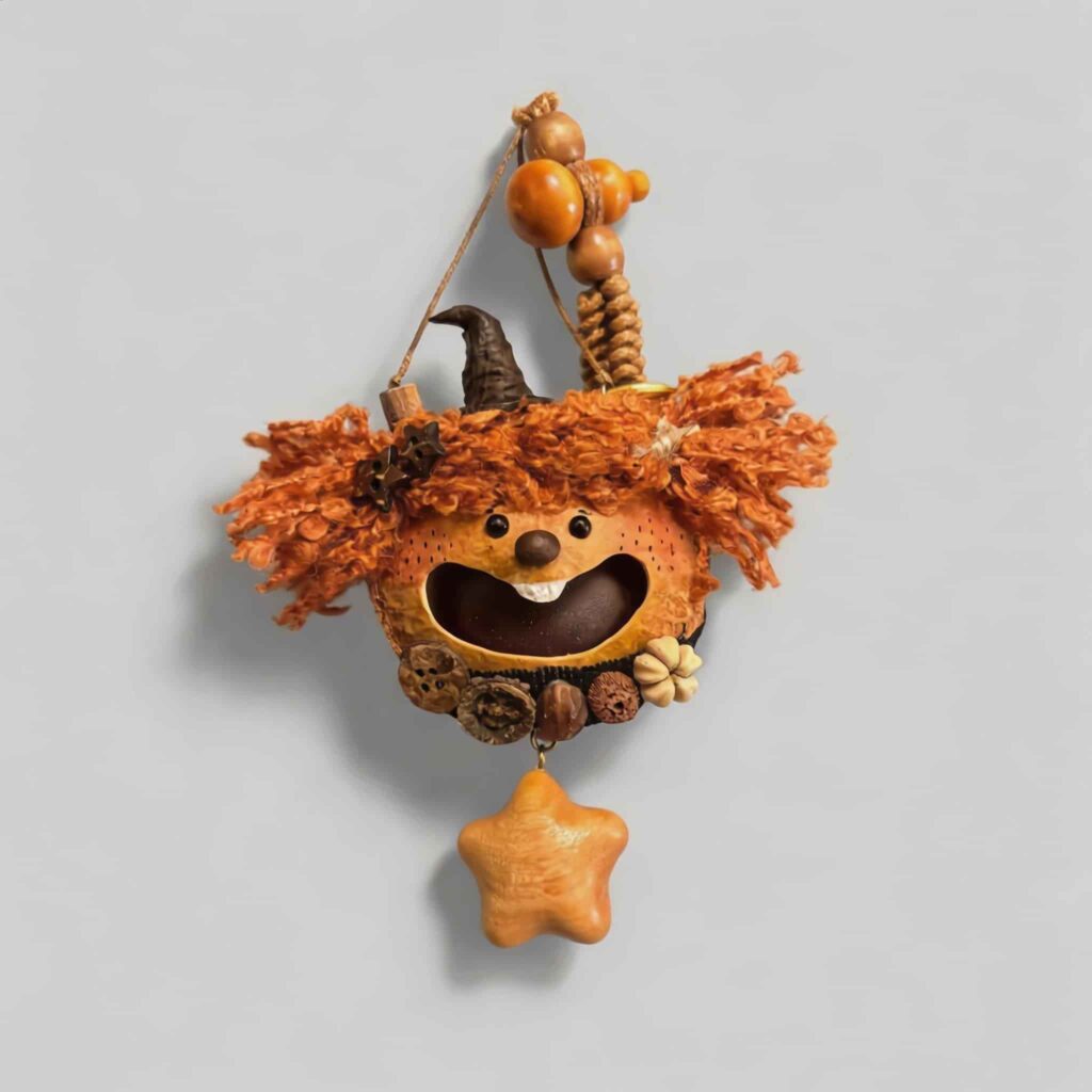 Open-Mouth Pod Doll Ember Star Pixie with ember-orange tassel hair, tiny witch hat, and dangling star charm on a neutral background