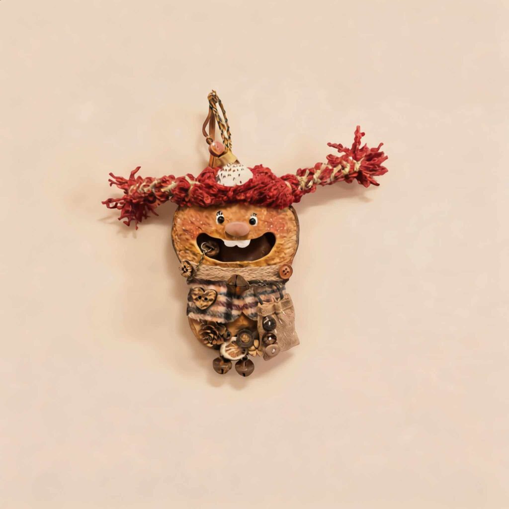 Open-Mouth Pod Doll Scarlet Twiglet with scarlet yarn pigtails, joyful wide smile, and rustic layered handmade details on a neutral background