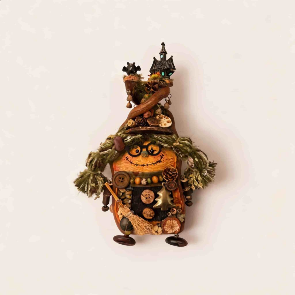 Reverse view of Mossy Witch Cottage Twin pod doll with stitched smile, round glasses, and rustic witch-inspired details