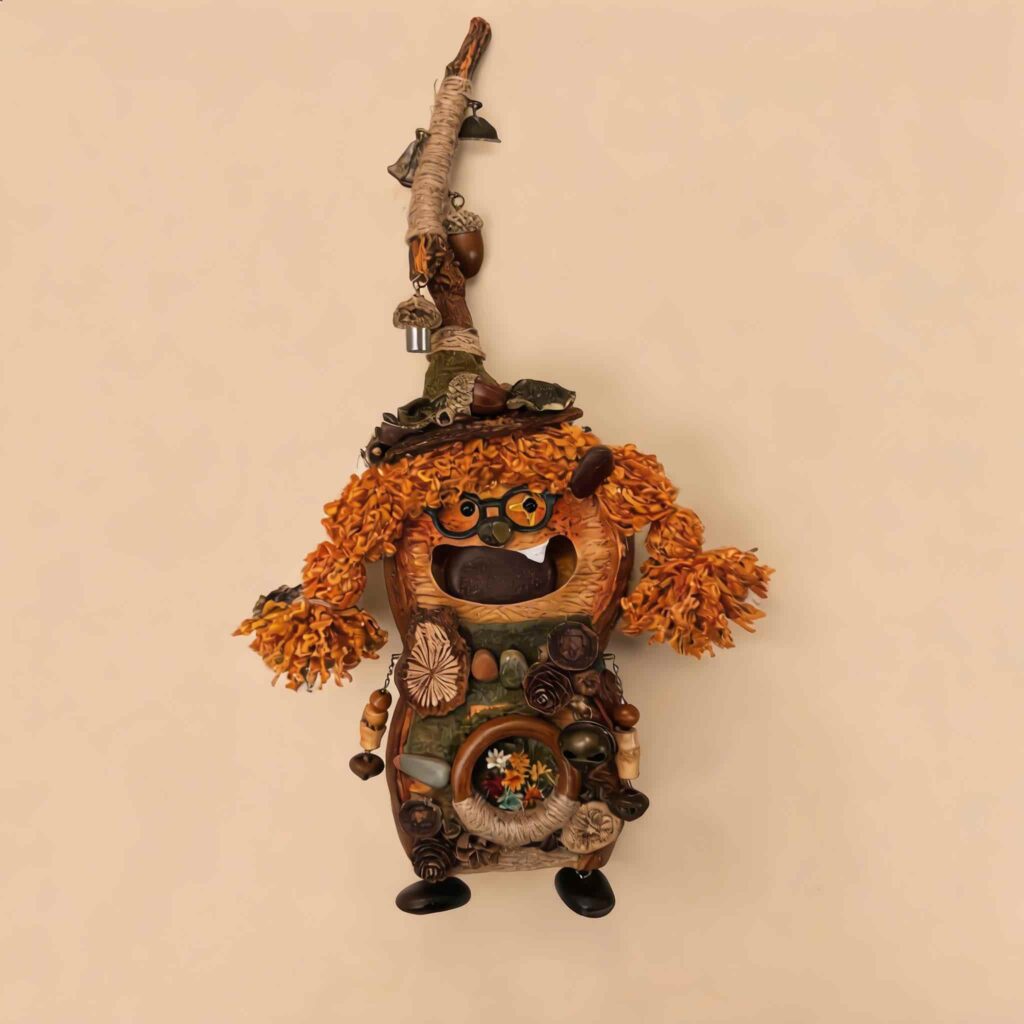 Double-Sided Pod Doll Woodland Witch Twin with bright orange pigtails, tiny glasses, and tall rustic witch hat on a neutral background
