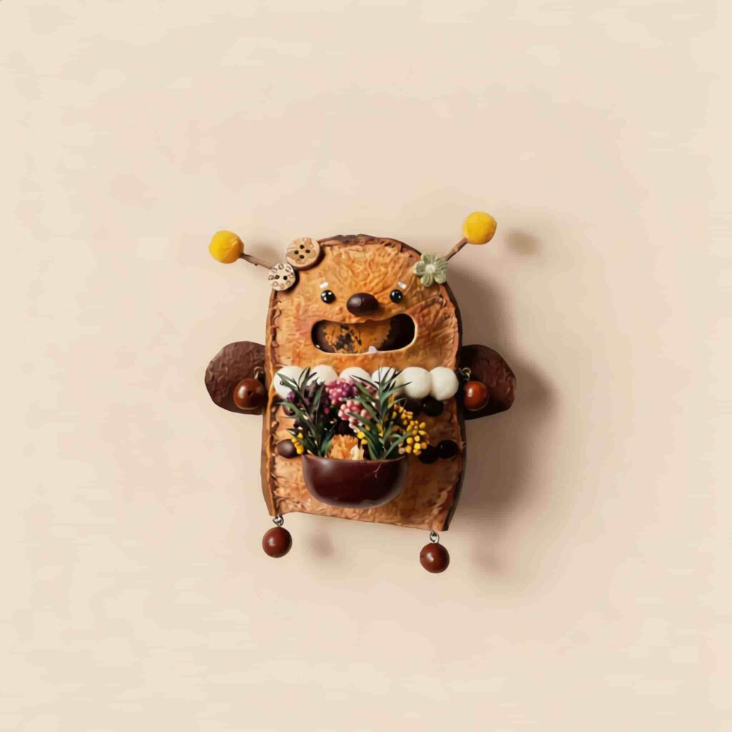 Open-Mouth Pod Doll Sunny Bloom Bug with yellow-tipped antennae, joyful wide smile, and tiny flower basket on a neutral background