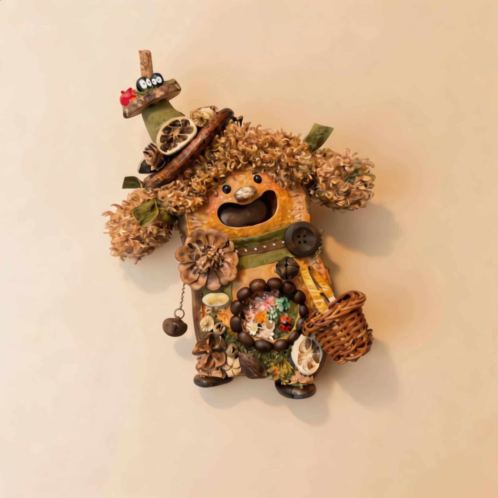 Open-Mouth Pod Doll Basket Witch Forager with curly caramel hair, tall woodland hat, and miniature basket on a neutral background