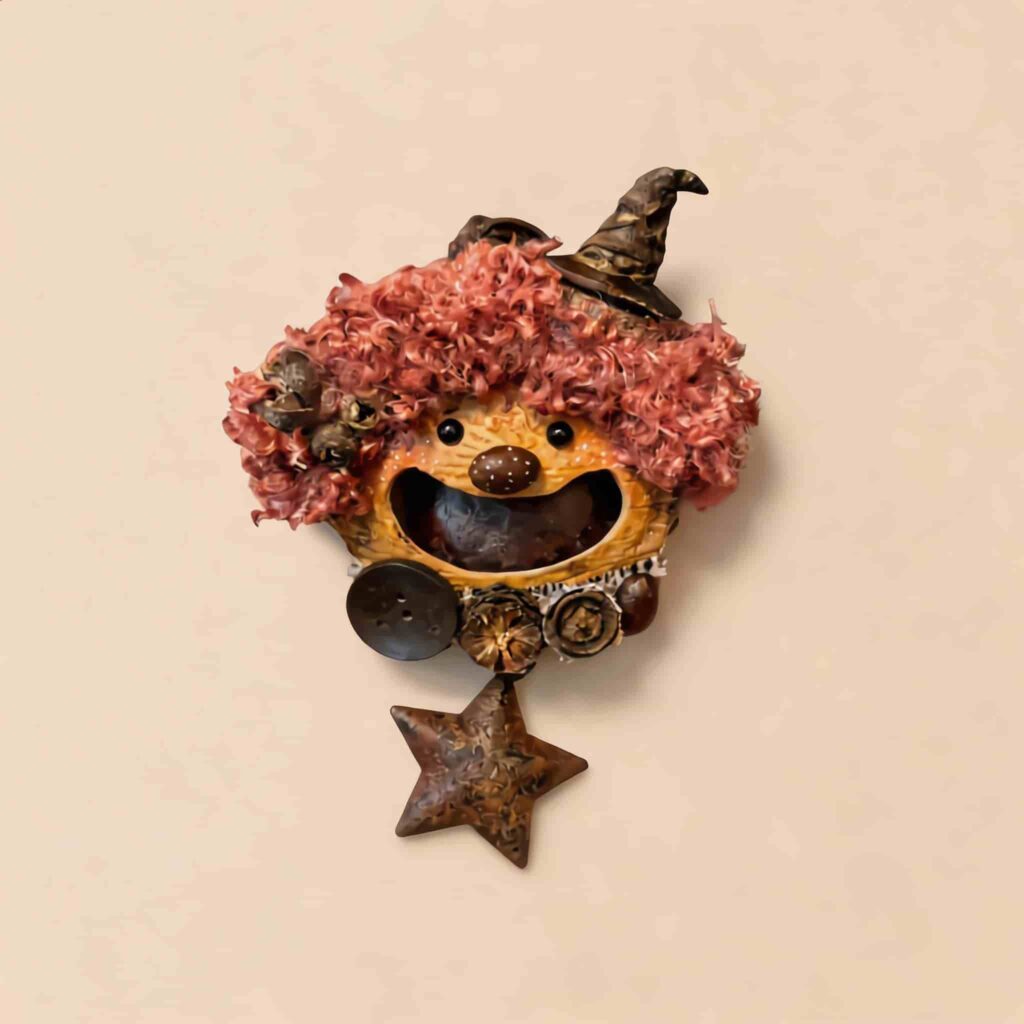 Open-Mouth Pod Doll Pink Star Witch with fluffy pink curly hair, tiny witch hat, and dangling rustic star charm on a neutral background