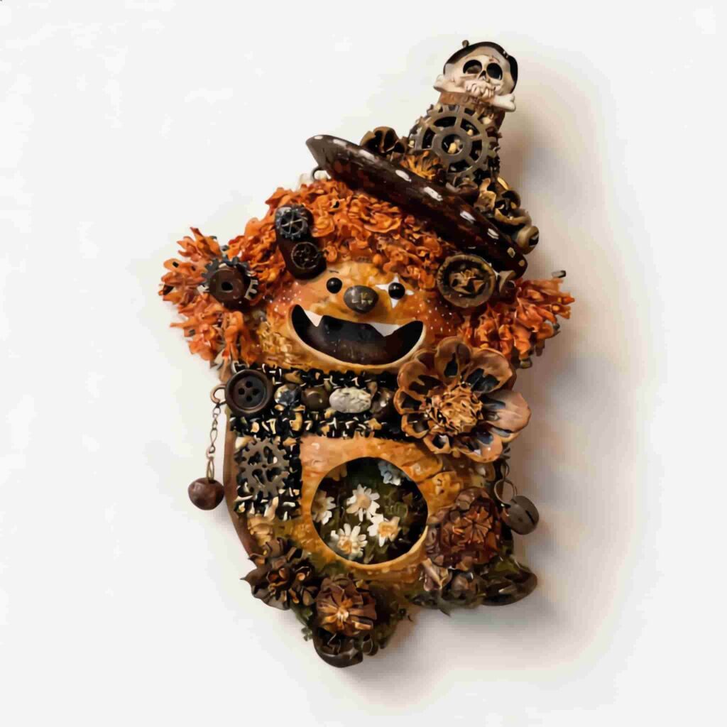 Open-Mouth Pod Doll Steampunk Skull Bloom with fiery orange textured hair, steampunk hat, skull accent, and floral window scene on a neutral background
