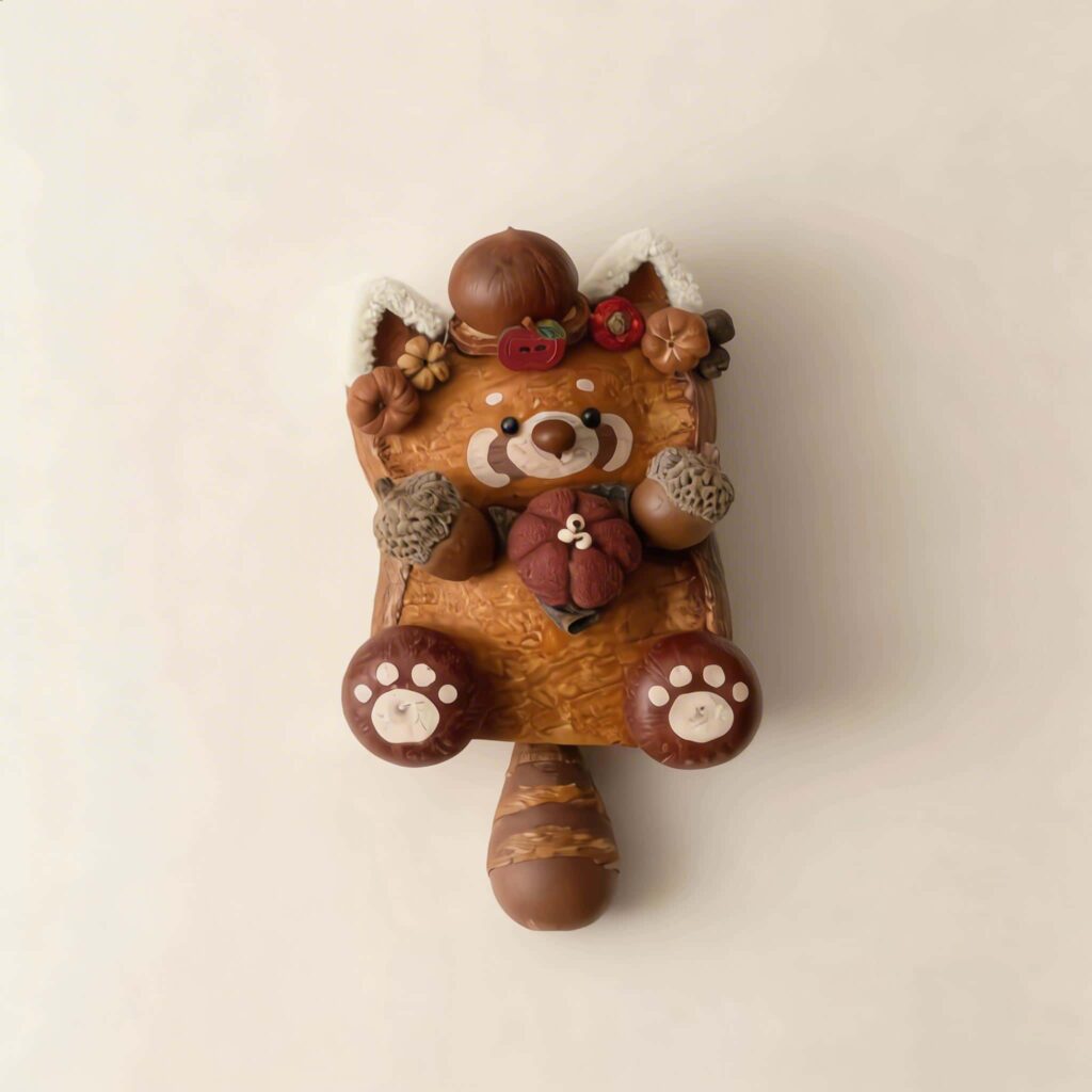 Front view of Autumn Acorn Kitty handmade cat pod doll with soft pumpkin centerpiece and swinging tail design