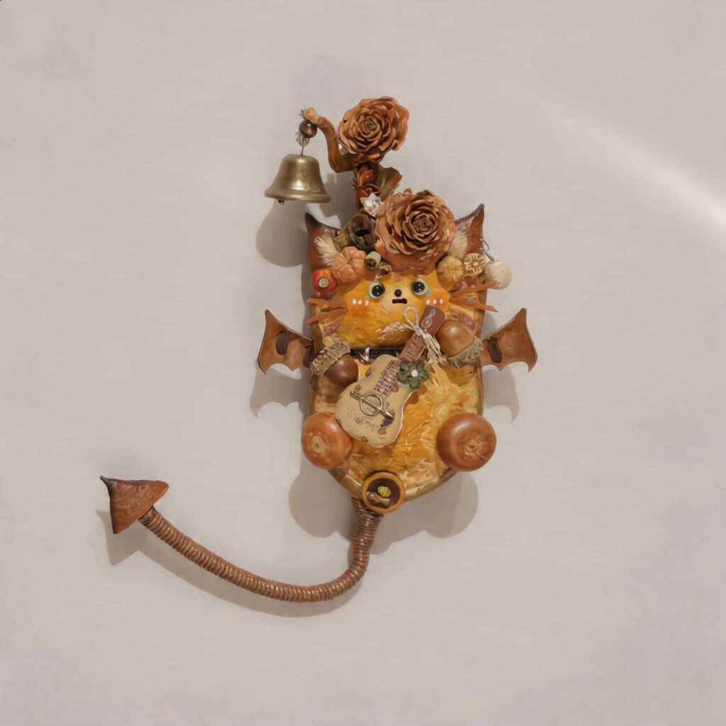 Bat-Wing Pod Doll Woodland Cat Bard with cat-inspired face, miniature instrument, bat wings, and curled tail on a neutral background